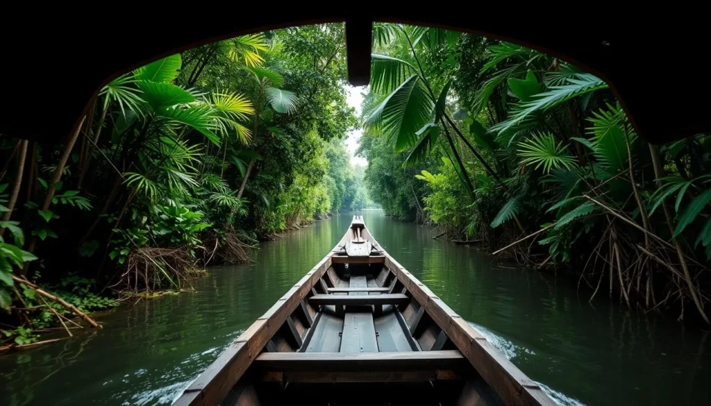 A small boat navigating through Lake Sentarum waterways with dense forest on both sides A small boat navigating through Lake Sentarum waterways with dense forest on both sides