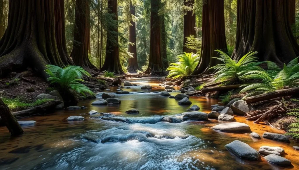 A small creek running through Mailliard Redwoods State Natural Reserve with redwood trees lining the banks