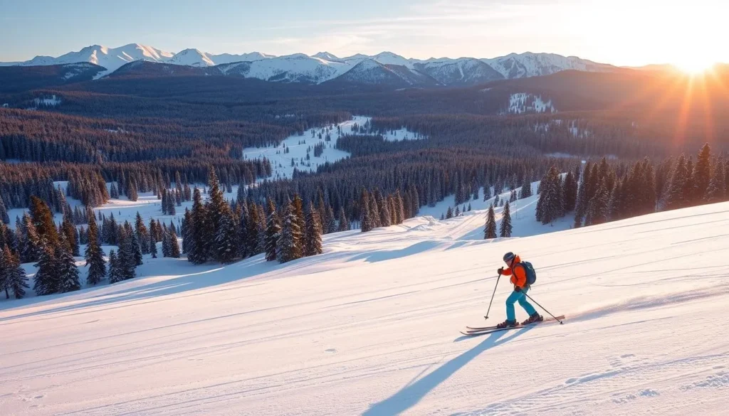 A snowy winter landscape in the Semenic-Cheile Carasului National Park, Romania. In the foreground, a skier glides effortlessly down a pristine slope, their vibrant ski gear contrasting against the pristine white backdrop. The middle ground reveals a network of groomed cross-country ski trails winding through a dense, evergreen forest. In the distance, the majestic Semenic Mountains rise up, their peaks capped with a dusting of fresh snow. The scene is bathed in the warm, golden light of the late afternoon sun, casting long shadows and creating a serene, tranquil atmosphere. The overall mood is one of peaceful, winter wonderland adventure.