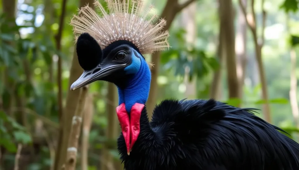 A southern cassowary in Tully Gorge National Park, showing the distinctive blue neck and red wattle