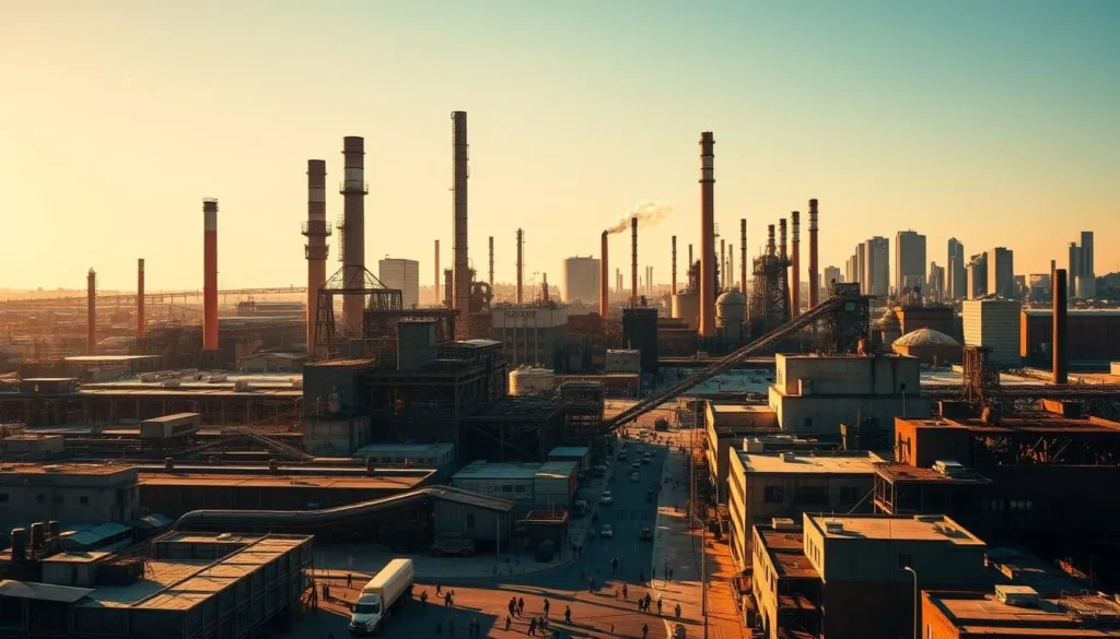 A sprawling industrial cityscape, bathed in warm, golden sunlight. Towering smokestacks and steel-framed factories rise against a clear azure sky, their weathered facades a testament to the region's storied past. In the foreground, a bustling street scene unfolds, with workers hurrying along the sidewalks, the rumble of trucks and the clang of machinery echoing through the air. Interspersed among the industrial structures, modern apartment buildings and sleek office towers suggest a city in transition, blending its industrial heritage with a contemporary, vibrant energy. The overall atmosphere is one of history, progress, and the resilience of a community that has weathered the changing tides of industry. A sprawling industrial cityscape, bathed in warm, golden sunlight. Towering smokestacks and steel-framed factories rise against a clear azure sky, their weathered facades a testament to the region's storied past. In the foreground, a bustling street scene unfolds, with workers hurrying along the sidewalks, the rumble of trucks and the clang of machinery echoing through the air. Interspersed among the industrial structures, modern apartment buildings and sleek office towers suggest a city in transition, blending its industrial heritage with a contemporary, vibrant energy. The overall atmosphere is one of history, progress, and the resilience of a community that has weathered the changing tides of industry.