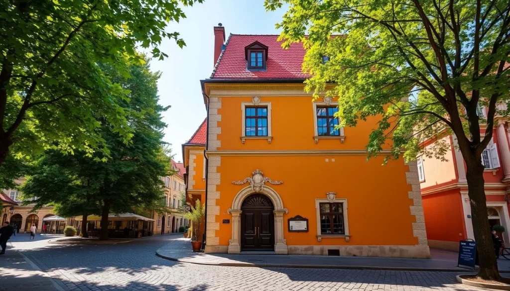 A stately two-story building with a warm, ochre facade and a red-tiled roof stands proudly in the historic center of Sopron, Hungary. The Storno House, a 17th-century Renaissance-style structure, exudes an air of timeless elegance. Its symmetrical windows and ornate stone details command attention, framed by the lush greenery of surrounding trees on a pleasant, sun-dappled day. The cobblestone street leading to the entrance invites visitors to step back in time and explore the rich cultural heritage of this charming Hungarian town.