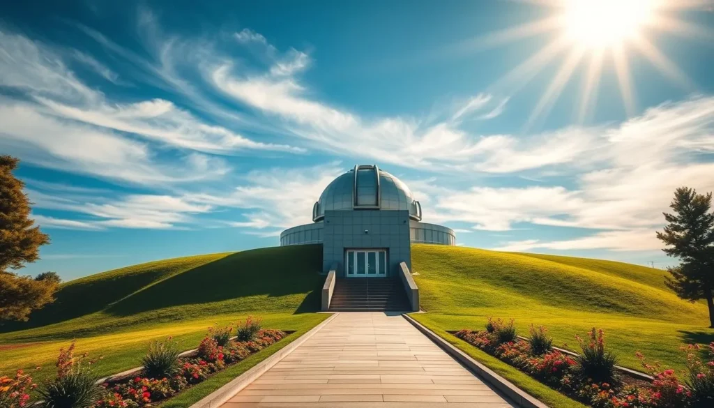 A striking, modern astronomical observatory nestled atop a rolling green hillside, its sleek, domed structure silhouetted against a vivid azure sky. Sunlight filters through wispy, ethereal clouds, casting a warm, inviting glow across the pristine grounds. In the foreground, a neatly paved pathway leads visitors towards the grand entrance, framed by meticulously landscaped gardens and vibrant flowerbeds. The observatory's facade is adorned with clean, minimalist lines and accents of gleaming metal, reflecting the institution's dedication to scientific exploration and discovery. An air of quiet contemplation and wonder permeates the scene, inviting visitors to step inside and reach for the stars.