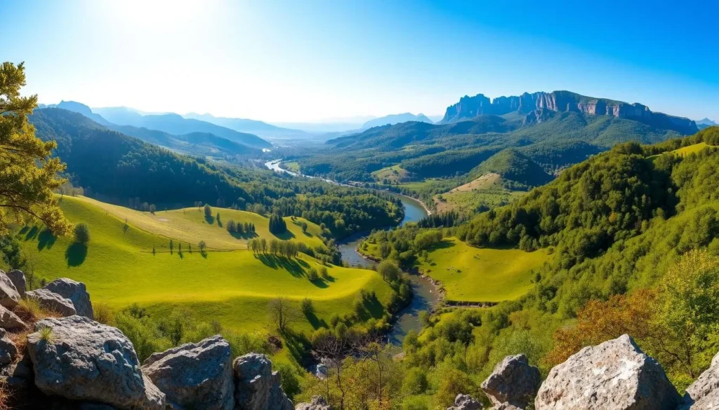 A stunning panoramic view of the Aggtelek Karst, a vast limestone landscape dotted with gently rolling hills and lush, verdant forests. In the foreground, sunlight filters through the canopy, casting a warm, golden glow over the rolling meadows and rocky outcroppings. In the middle ground, a meandering stream winds its way through the valley, its crystal-clear waters reflecting the vibrant hues of the surrounding foliage. In the distance, the rugged, jagged peaks of the Bükk Mountains rise majestically, their sharp silhouettes cutting against the clear, azure sky. The scene exudes a sense of tranquility and natural wonder, inviting the viewer to immerse themselves in the beauty of this remarkable natural wonder.