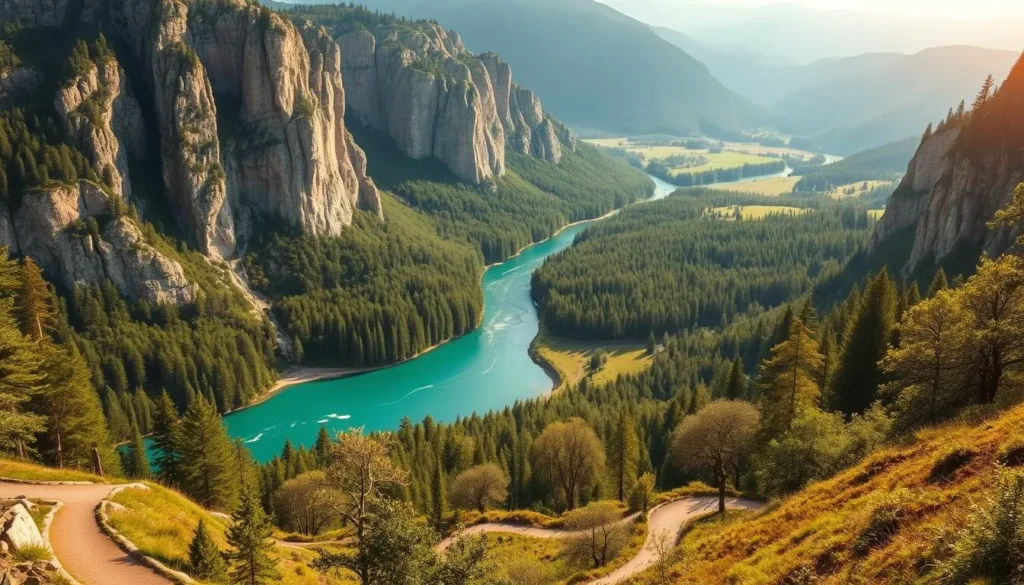 A stunning panoramic view of the Cheile Carasului National Park in Romania. Rugged limestone cliffs rise majestically from a crystal-clear turquoise river, surrounded by lush green forests and meadows. Warm sunlight filters through the canopy, casting a soft, golden glow over the scene. In the foreground, a winding hiking trail leads visitors deeper into this natural wonder, inviting exploration of the park's diverse flora and fauna. The atmosphere is serene and tranquil, capturing the essence of this breathtaking Romanian landscape.