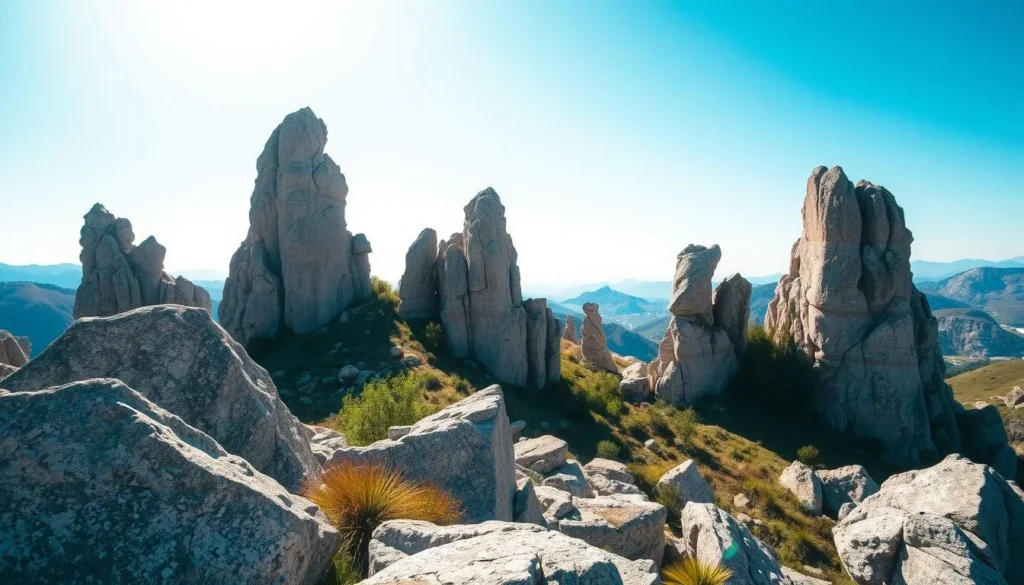 A stunning rocky landscape nestled in the picturesque hills of Kardzhali, Bulgaria. Towering stone formations rise majestically against a bright, clear sky, casting dramatic shadows across the rugged terrain. In the foreground, weathered boulders and craggy outcroppings create a sense of depth and texture, inviting the viewer to explore the natural wonders of this enchanting region. The middle ground reveals a mix of lush vegetation and additional rock formations, while the background features rolling hills and distant mountains, blending seamlessly into the horizon. The scene is bathed in warm, golden light, lending a serene and captivating atmosphere to the stunning stone landscapes around the town of Kardzhali.