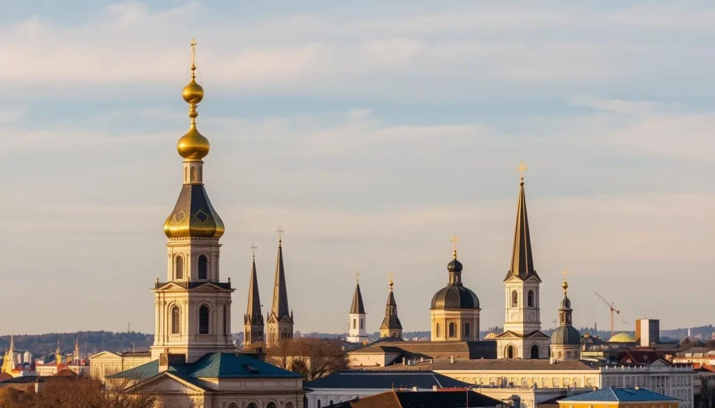 A stunning skyline of a historic Romanian city, Targu Mures, where the spires and domes of grand cathedrals pierce the azure sky. In the foreground, the majestic Orthodox Cathedral stands tall, its golden onion-shaped cupolas glimmering in the warm, diffused sunlight. In the middle ground, the steeples of other churches and cathedrals rise, creating a harmonious symphony of architectural styles that define the city's sacred character. In the background, the urban landscape blends seamlessly, with modern buildings complementing the vintage silhouettes of the religious landmarks. The scene exudes a serene, contemplative atmosphere, inviting the viewer to appreciate the rich cultural heritage that shapes the skyline of this enchanting Romanian city.