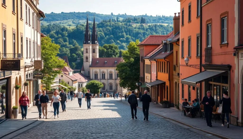 A stunning vista of Hódmezővásárhely, Hungary, on a warm, sun-dappled day. In the foreground, a cobblestone street leads past charming, historic buildings with warm-toned facades and decorative architectural details. Locals stroll leisurely, pausing to window-shop or sip coffee at a cozy sidewalk café. In the middle ground, the spires of a majestic church rise, casting long shadows across the scene. The background reveals a rolling, verdant landscape dotted with lush trees, their leaves gently swaying in a light breeze. Soft, diffused lighting imbues the entire setting with a welcoming, tranquil atmosphere, inviting the viewer to explore this captivating, underrated Hungarian city. A stunning vista of Hódmezővásárhely, Hungary, on a warm, sun-dappled day. In the foreground, a cobblestone street leads past charming, historic buildings with warm-toned facades and decorative architectural details. Locals stroll leisurely, pausing to window-shop or sip coffee at a cozy sidewalk café. In the middle ground, the spires of a majestic church rise, casting long shadows across the scene. The background reveals a rolling, verdant landscape dotted with lush trees, their leaves gently swaying in a light breeze. Soft, diffused lighting imbues the entire setting with a welcoming, tranquil atmosphere, inviting the viewer to explore this captivating, underrated Hungarian city.