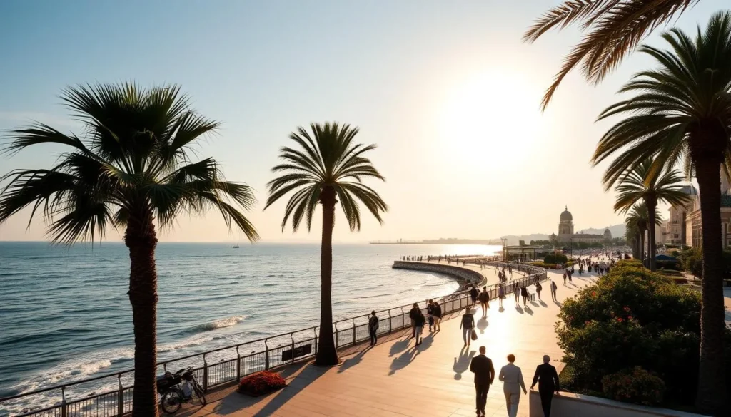 A stunning vista of the Black Sea promenade in Constanta, Romania. The sun's warm glow casts a golden hue over the tranquil waters, as gentle waves lap against the pristine boardwalk. In the foreground, people stroll leisurely, taking in the breathtaking panorama of the sea and the historic buildings lining the shore. Lush palm trees and vibrant greenery add pops of color, complementing the muted tones of the seaside architecture. A light, refreshing breeze carries the scent of the salty air, creating an atmosphere of relaxation and serenity. The scene is captured through the lens of a wide-angle camera, showcasing the expansive scope of this picturesque promenade along the Black Sea coast.