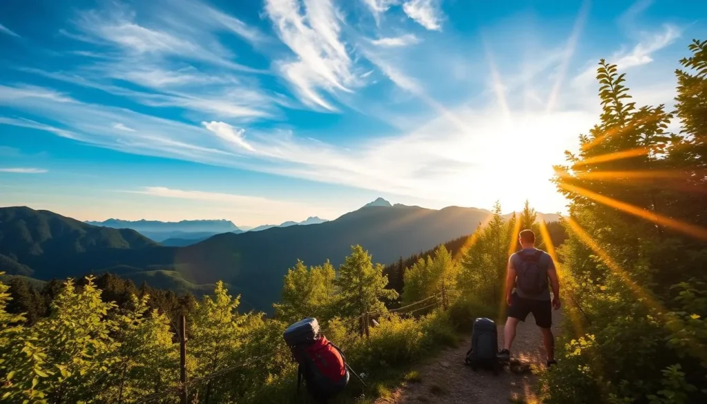 A sun-dappled mountain vista, the peaks of the Macin Mountains rising majestically in the distance. In the foreground, a well-marked hiking trail winds through lush, verdant foliage, inviting the viewer to embark on an adventure. Backpacks and hiking gear are neatly arranged, suggesting preparedness for the journey ahead. The warm, golden light filters through the canopy, casting a serene, welcoming atmosphere. A clear blue sky overhead, with wispy clouds drifting lazily, sets the stage for a perfect day in the great outdoors. This idyllic scene captures the essence of planning a trip to this stunning Romanian national park.