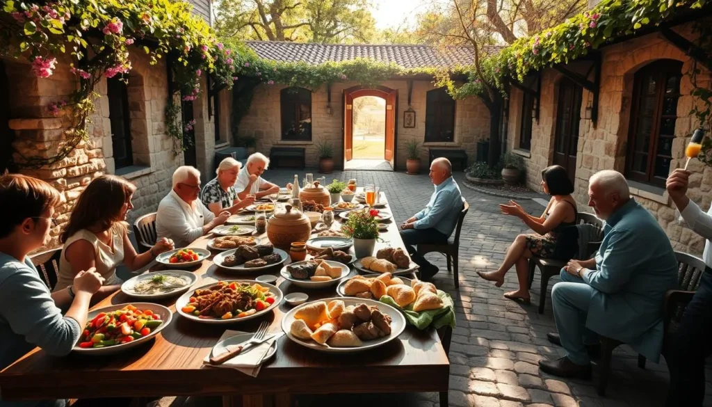A sun-dappled outdoor dining scene in a traditional Bulgarian courtyard. On a long wooden table, an abundant spread of authentic Bulgarian dishes - savory shopska salad, hearty beef and vegetable stew, fluffy banitsa pastries, and fragrant grilled meats. Diners sit around the table, conversing animatedly. The courtyard is surrounded by stone walls draped with flowering vines, with a cobblestone path leading to the entrance. Warm, diffused lighting filters through the trees, creating a cozy, convivial atmosphere. The overall mood is one of rustic sophistication and celebration of Bulgarian culinary heritage.