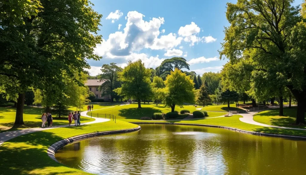 A sun-dappled park nestled in the heart of Blagoevgrad, Bulgaria. Lush, verdant trees line winding paths, casting gentle shadows on the well-manicured lawns. In the foreground, a tranquil pond reflects the vibrant foliage, inviting visitors to pause and enjoy the serenity. The middle ground features families and friends strolling leisurely, immersed in the park's natural beauty. A clear blue sky, accented by fluffy white clouds, completes the picturesque scene, creating a warm, welcoming atmosphere. Capture the essence of Park Bachinovo - a verdant oasis where urban dwellers can escape and reconnect with nature.