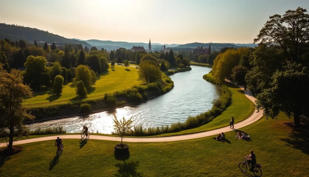 A sun-dappled river winds through a verdant landscape, its glistening waters flanked by lush parks and towering trees. In the foreground, joggers and cyclists glide along winding paths, while families picnic on the grassy banks. The scene is bathed in warm, golden light, creating a serene and inviting atmosphere. In the distance, the silhouettes of historic buildings and landmarks dot the horizon, hinting at the rich cultural heritage of Dimitrovgrad, Bulgaria. This tranquil and picturesque setting captures the essence of why this charming city deserves a spot on every traveler's Bulgaria itinerary.