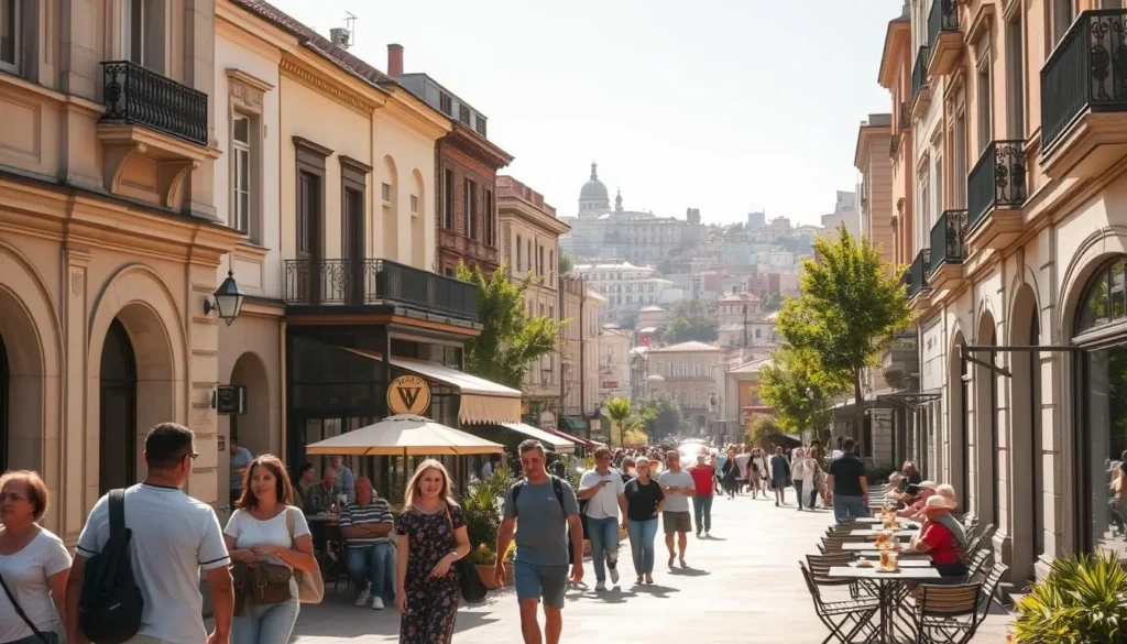 A sun-dappled urban scene, a bustling street in Dimitrovgrad, Bulgaria. In the foreground, a group of locals and tourists stroll along the sidewalk, taking in the sights and sounds of the city. The mid-ground features a cozy café, its outdoor tables filled with people enjoying coffee and pastries. In the background, a mix of historic buildings and modern architecture creates a visually interesting cityscape, bathed in warm, golden light. The overall atmosphere is one of relaxation and exploration, inviting the viewer to imagine planning their own days in this vibrant, charming city.