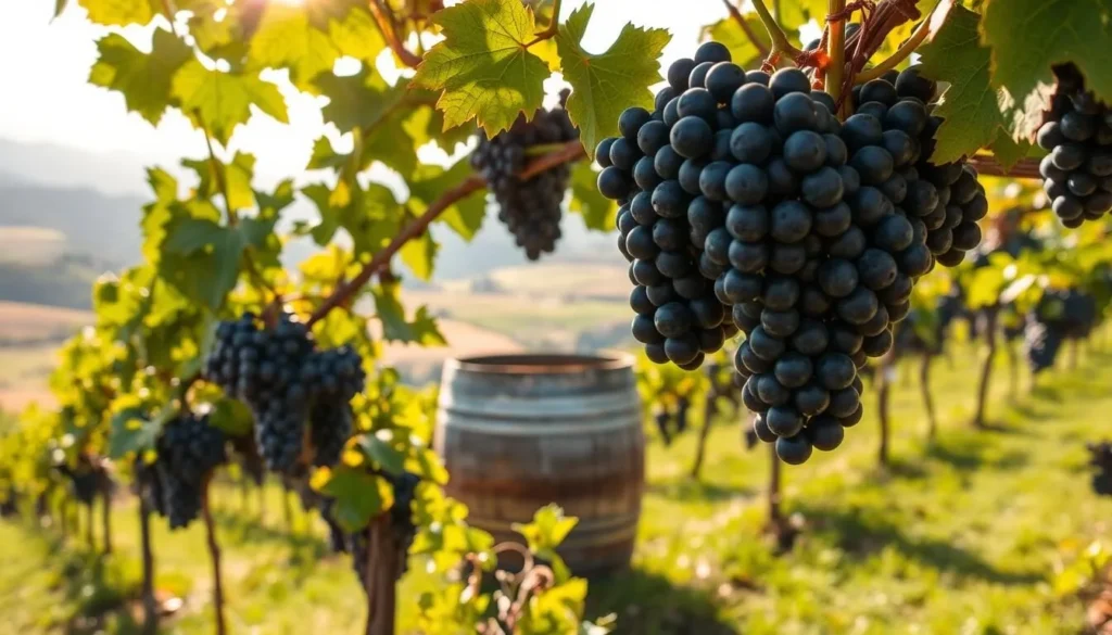 A sun-dappled vineyard in the rolling hills of Blagoevgrad, Bulgaria. In the foreground, lush clusters of deep purple grapes hang heavy on the vines, their skins glistening. In the middle ground, a weathered wooden barrel sits amidst the vines, a hint of the wine-making process. The background reveals a panoramic view of the surrounding countryside, with distant mountains hazy in the soft, golden light of the afternoon. The scene evokes a sense of tranquility and the rustic charm of the region's winemaking traditions.