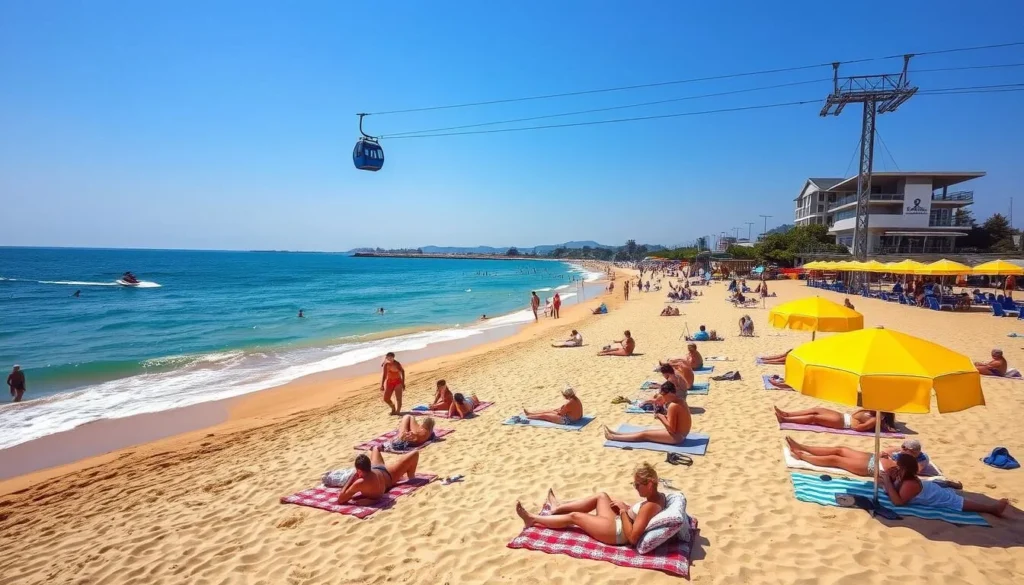 A sun-drenched beach in Mamaia, Romania, with pristine golden sands and crystal-clear waters lapping at the shore. A vibrant scene of beachgoers enjoying the warm weather, with some sunbathing on plush towels, others engaging in watersports like jet skiing and parasailing. In the background, the iconic Mamaia Cable Car glides overhead, offering panoramic views of the coastline. The atmosphere is lively and inviting, with a touch of coastal chic in the form of stylish beach umbrellas and beach bars serving refreshing cocktails. Capture the essence of a perfect day by the Black Sea, where relaxation and adventure intertwine.