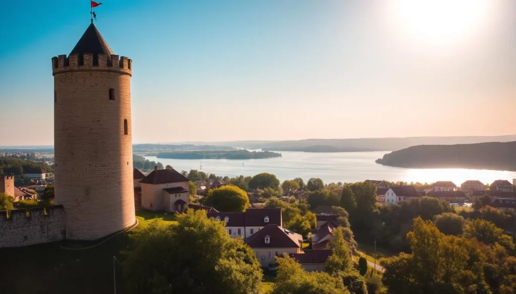 A sun-drenched castle tower standing tall, its weathered stone walls bathed in warm golden light. The iconic Baba Vida fortress, a jewel of Vidin's rich history, commands the foreground with its imposing presence. In the middle ground, lush greenery and quaint buildings nestle around the fortress, creating a picturesque scene. The background features the Danube River, its gentle waters reflecting the azure sky above. Capture the majestic atmosphere of this historic landmark, showcasing its timeless beauty on a tranquil day in Vidin, Bulgaria.