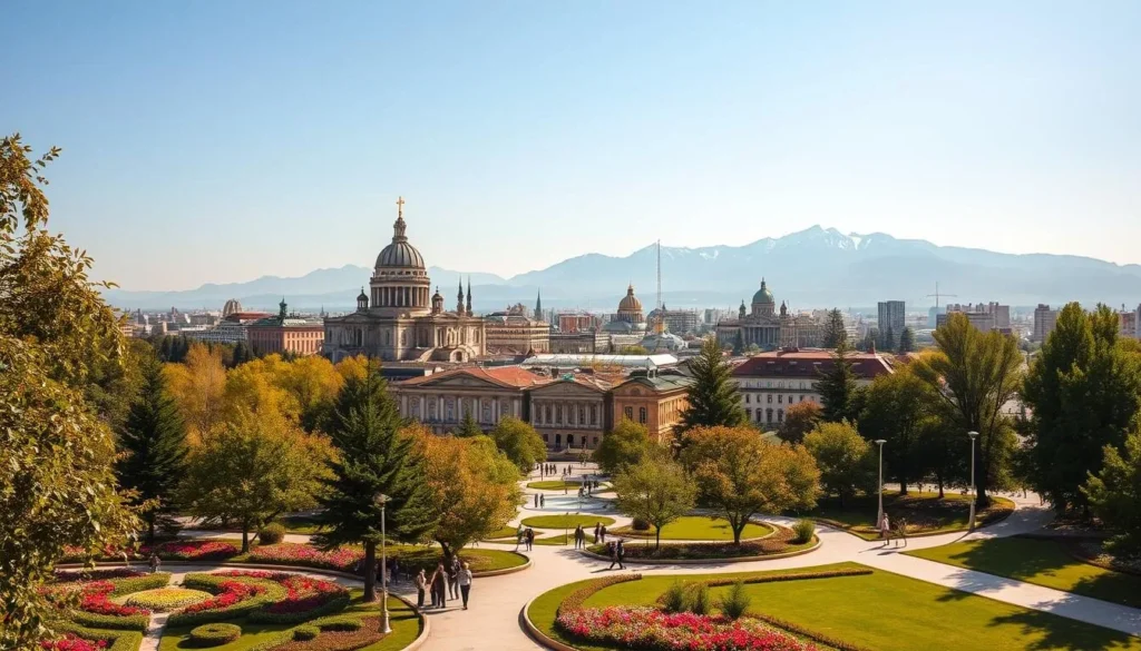 A sun-drenched city skyline of Sofia, Bulgaria, with the iconic Alexander Nevsky Cathedral as the centerpiece. In the foreground, a lush public garden with vibrant flowers and people strolling leisurely. The middle ground showcases the city's mix of traditional and modern architecture, bathed in warm, golden light. In the distance, the majestic Vitosha Mountain range rises, its peaks capped with a light dusting of snow. The scene conveys a sense of tranquility and pleasant weather, ideal for exploring the city's charms. Capture this scene with a wide-angle lens, creating a balanced composition that highlights the city's blend of nature, history, and modernity.