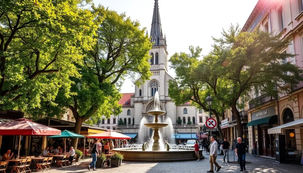 A sun-drenched morning in Kossuth tér, Nyíregyháza's vibrant town square. In the foreground, quaint cafés and bistros bustling with locals and visitors, their outdoor seating areas shaded by colorful umbrellas. The stately Great Reformed Church, its towering spire and intricate architectural details, dominates the middle ground. Lush trees line the edges, casting a warm, dappled light across the scene. Pedestrians stroll along the cobblestone paths, pausing to admire the elegant fountain and historic buildings that surround this charming public space. An atmosphere of tranquility and community pervades, inviting exploration of this picturesque Hungarian town center.