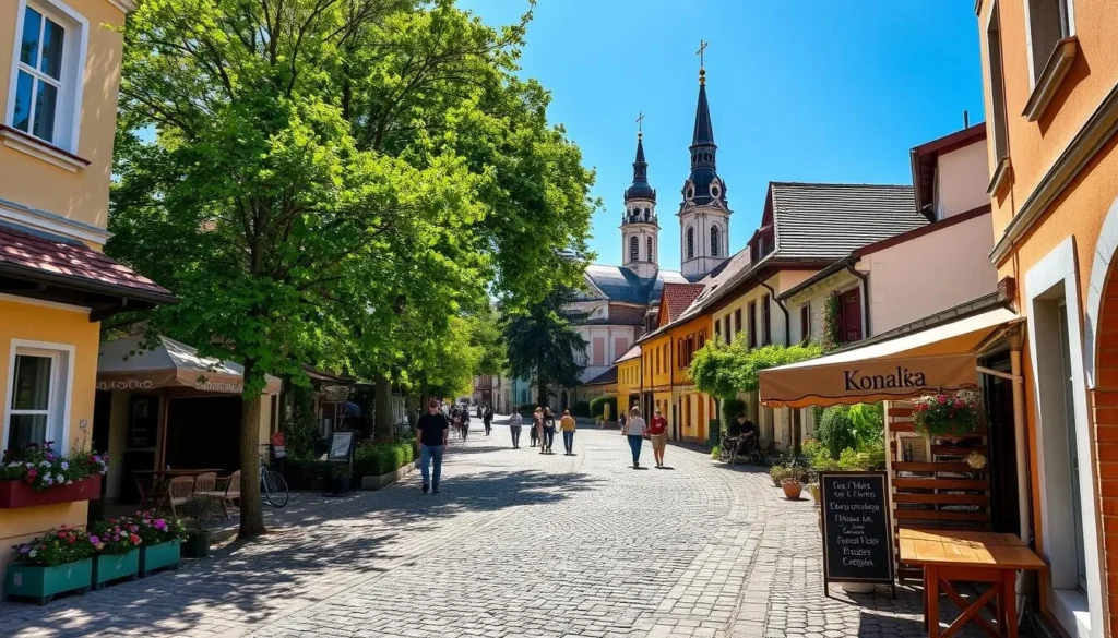 A sun-drenched morning in the quaint streets of Botoșani, Romania. Cobblestone paths wind through a picturesque old town, lined with colorful facades and blooming flower boxes. In the distance, the steeples of an ornate Orthodox church reach towards a clear blue sky. A gentle breeze rustles the lush greenery of towering trees, casting dappled shadows on the tranquil scene. People stroll casually, enjoying the peaceful ambiance and stopping to admire the charming architecture. A small, family-owned café offers steaming cups of robust coffee and freshly baked pastries, inviting visitors to linger and savor the quintessential local experience. This is one perfect day in Botoșani, a serene oasis of beauty and tradition.