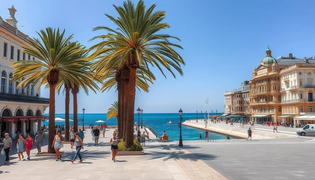 A sun-drenched seaside promenade in Constanta, Romania, stretches along the Black Sea coast. Elegant, historic buildings line the wide, paved walkway, inviting visitors to stroll and admire the scenic views. Lush palm trees sway gently in the warm breeze, casting soft shadows on the bustling pedestrians. Families, couples, and locals mingle, enjoying the lively atmosphere and picturesque setting. In the distance, the azure waters of the sea glimmer, drawing the eye to the horizon. Capture the essence of this vibrant, coastal destination with a high-resolution, realistic rendering showcasing the beauty and charm of Constanta's iconic seaside promenade.