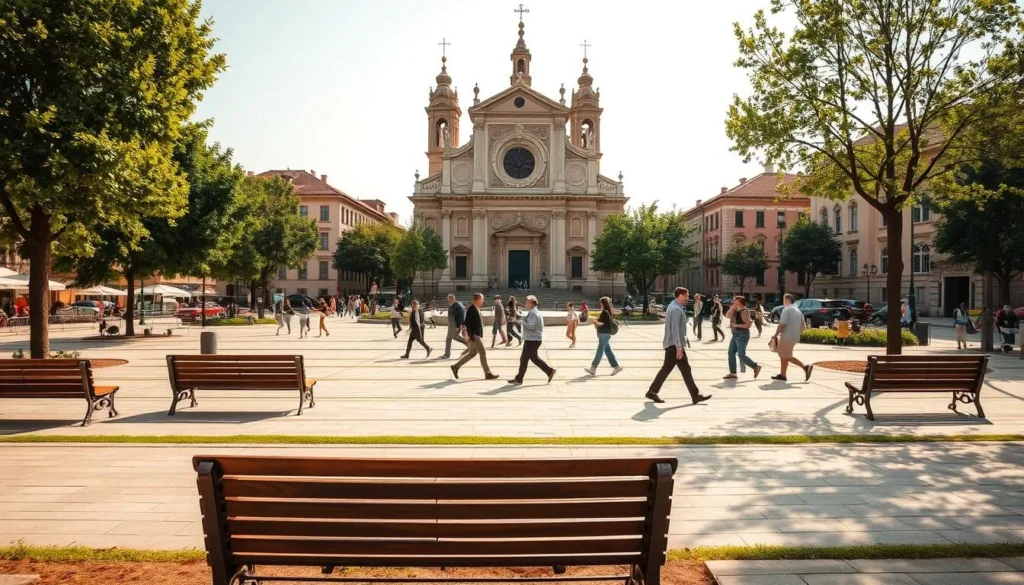 A sunny afternoon in Széchenyi tér, Győr, Hungary. In the foreground, a well-maintained square with neatly arranged benches inviting passersby to sit and enjoy the tranquil atmosphere. The middle ground features people strolling, chatting, and taking in the sights, their movements captured in a candid, natural manner. In the background, the grand Benedictine Church of Saint Ignatius stands tall, its ornate architecture and warm, golden hues casting a serene glow over the entire scene. The lighting is soft and diffused, creating a pleasant, inviting ambiance that encourages leisurely contemplation. The composition is balanced, with the square's geometric patterns complementing the organic flow of human activity. An idyllic, people-centric public space that captures the essence of Győr's vibrant urban life. A sunny afternoon in Széchenyi tér, Győr, Hungary. In the foreground, a well-maintained square with neatly arranged benches inviting passersby to sit and enjoy the tranquil atmosphere. The middle ground features people strolling, chatting, and taking in the sights, their movements captured in a candid, natural manner. In the background, the grand Benedictine Church of Saint Ignatius stands tall, its ornate architecture and warm, golden hues casting a serene glow over the entire scene. The lighting is soft and diffused, creating a pleasant, inviting ambiance that encourages leisurely contemplation. The composition is balanced, with the square's geometric patterns complementing the organic flow of human activity. An idyllic, people-centric public space that captures the essence of Győr's vibrant urban life.