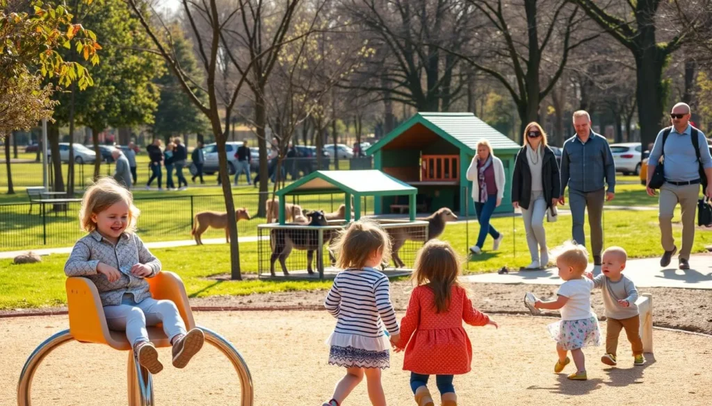 A sunny afternoon in a lively Romanian park, families gather for a day of joy and discovery. In the foreground, children laugh and play on modern, well-maintained playground equipment, their boundless energy fueling their adventures. The middle ground showcases a small petting zoo, where young ones delight in feeding and petting the friendly animals. In the background, parents and grandparents stroll together, taking in the sights and sounds of this vibrant, family-friendly atmosphere. Warm, diffused lighting casts a soft glow, creating a welcoming and inviting mood. A sense of community and togetherness permeates the scene, capturing the essence of Satu Mare's best family-friendly activities.