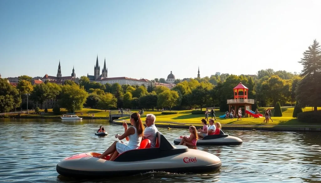 A sunny day in Szolnok, Hungary. In the foreground, families enjoying hands-on activities like pedal boating on the peaceful Tisza River. In the middle ground, children playing on a colorful playground, their laughter echoing through the lush, green park. In the background, the historic city skyline with its iconic church spires and bridges, bathed in warm, golden light. The scene exudes a sense of community, adventure, and togetherness, perfectly capturing the vibrant, family-friendly spirit of Szolnok.