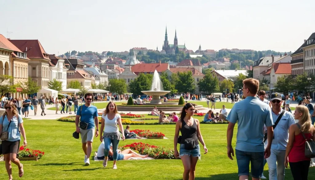 A sunny day in the bustling city of Zalaegerszeg, Hungary. In the foreground, a group of friends strolling through a lively public square, admiring the local architecture and enjoying the vibrant atmosphere. In the middle ground, families and young couples picnicking on the grass, surrounded by colorful flower beds and a charming water fountain. In the background, the skyline is dotted with spires and towers, giving the scene a historic, yet modern feel. The lighting is soft and natural, casting a warm glow over the entire scene. The overall mood is one of relaxation, exploration, and appreciation for the city's free and budget-friendly attractions.