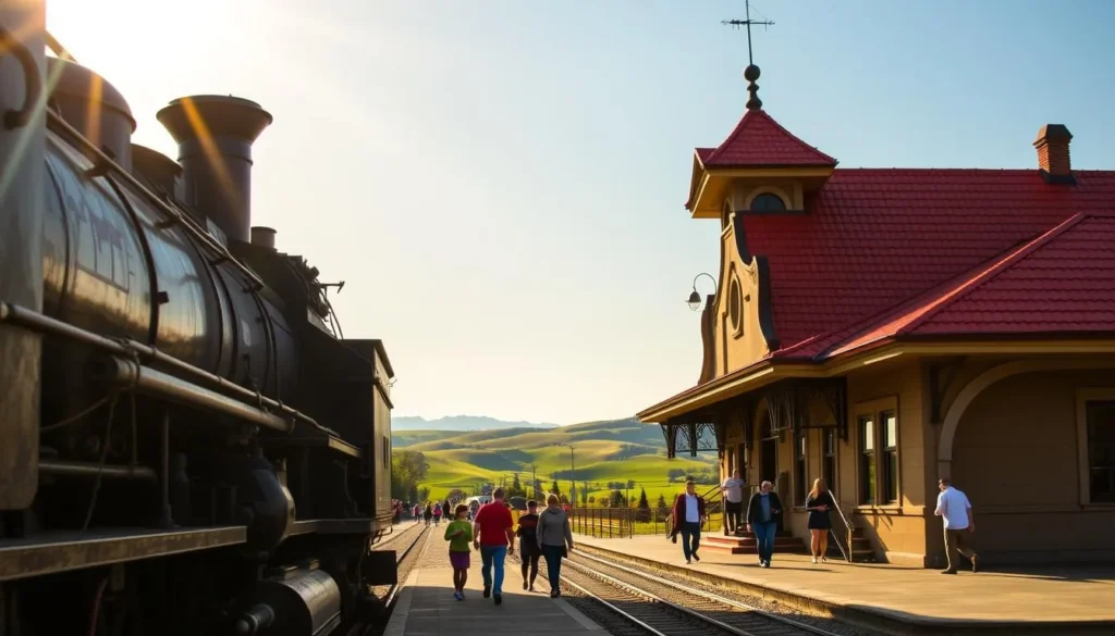 A sunny, late afternoon scene of the Pleven train station in Bulgaria. In the foreground, a vintage steam locomotive sits idling on the platform, its intricate metal details gleaming. Passengers in casual, colorful attire board the train, their silhouettes framed by the arched entryway. The middle ground features the picturesque, red-roofed station building, its ornate architecture evoking the region's history. In the background, rolling green hills and a cloudless azure sky create a serene, pastoral backdrop. Warm, diffused lighting casts a golden glow over the entire scene, evoking a sense of nostalgia and timelessness.