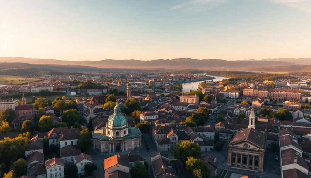 A sweeping aerial view of the historic city of Oradea, Romania, bathed in warm, golden sunlight. In the foreground, the picturesque Old Town with its baroque architecture and charming cobblestone streets. In the middle ground, the Criș River winds its way through the city, flanked by lush greenery. In the background, the rolling hills and forests of the Apuseni Mountains rise majestically, creating a stunning natural backdrop. The scene is captured with a wide-angle lens, offering a panoramic perspective that showcases Oradea's breathtaking cityscapes and breathtaking vistas. The overall mood is one of tranquility, beauty, and a sense of timeless wonder.