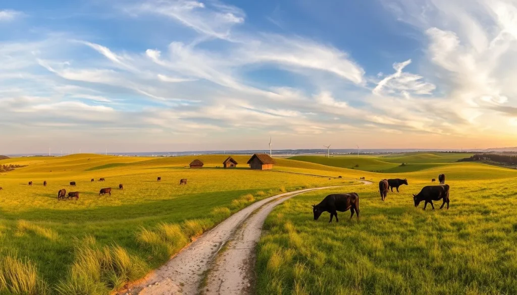 A sweeping panorama of Hortobágy National Park, Hungary in the golden hour. Rolling grasslands dotted with grazing Hungarian grey cattle, framed by a dramatic sky with wispy clouds. In the foreground, a well-maintained dirt path winds through the meadows, inviting the viewer to explore. The middle ground features traditional thatched-roof shepherd's huts, evoking the region's rich pastoral heritage. Soft, warm lighting illuminates the scene, creating a serene and picturesque atmosphere. The background showcases the park's vast expanse, with distant horizons and the silhouettes of windmills on the horizon, hinting at the area's renewable energy initiatives. An idyllic landscape that captures the essence of this unique Hungarian natural wonder.