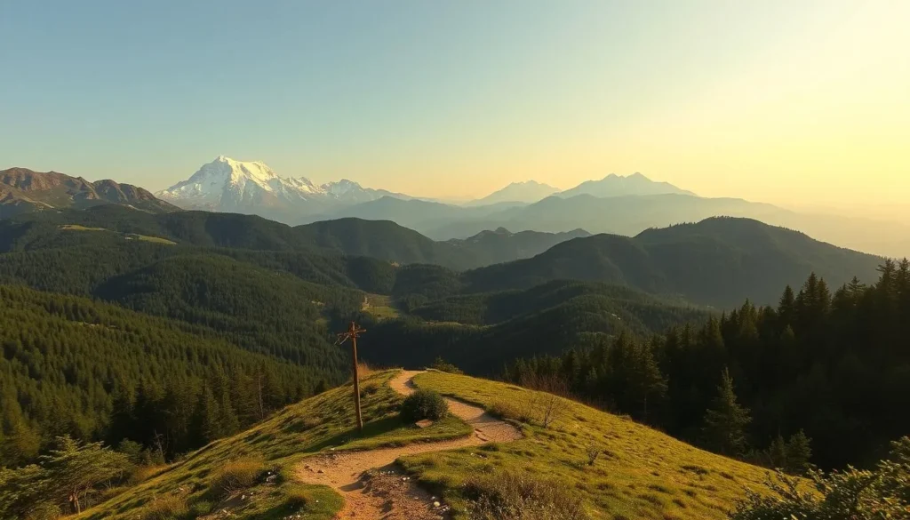 A sweeping vista of the Central Balkan National Park in Bulgaria, showcasing its rugged, mountainous terrain. Lush, verdant forests cover the rolling hills, with towering peaks rising majestically in the distance, their snow-capped summits glittering under the warm, golden sunlight. In the foreground, a well-worn hiking trail winds its way through the landscape, inviting adventurers to explore the park's natural wonders. The scene exudes a sense of peaceful tranquility, perfect for hikers and outdoor enthusiasts of all skill levels to immerse themselves in the breathtaking beauty of this pristine wilderness.