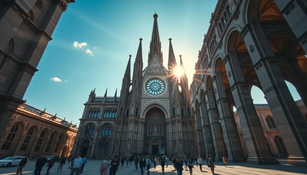 A towering cathedral of grand architectural design, its intricate spires and ornate façade standing majestically against a clear, azure sky. Sunlight filters through the stained-glass windows, casting a warm, ethereal glow across the ornate, marble-clad interior. Worshippers and visitors move reverently through the cavernous nave, their footsteps echoing against the vaulted ceilings. The ornate altar and choir loft are visible in the distance, framed by the cathedral's ornate arches and columns. The scene exudes a sense of tranquility, history, and divine inspiration. A towering cathedral of grand architectural design, its intricate spires and ornate façade standing majestically against a clear, azure sky. Sunlight filters through the stained-glass windows, casting a warm, ethereal glow across the ornate, marble-clad interior. Worshippers and visitors move reverently through the cavernous nave, their footsteps echoing against the vaulted ceilings. The ornate altar and choir loft are visible in the distance, framed by the cathedral's ornate arches and columns. The scene exudes a sense of tranquility, history, and divine inspiration.