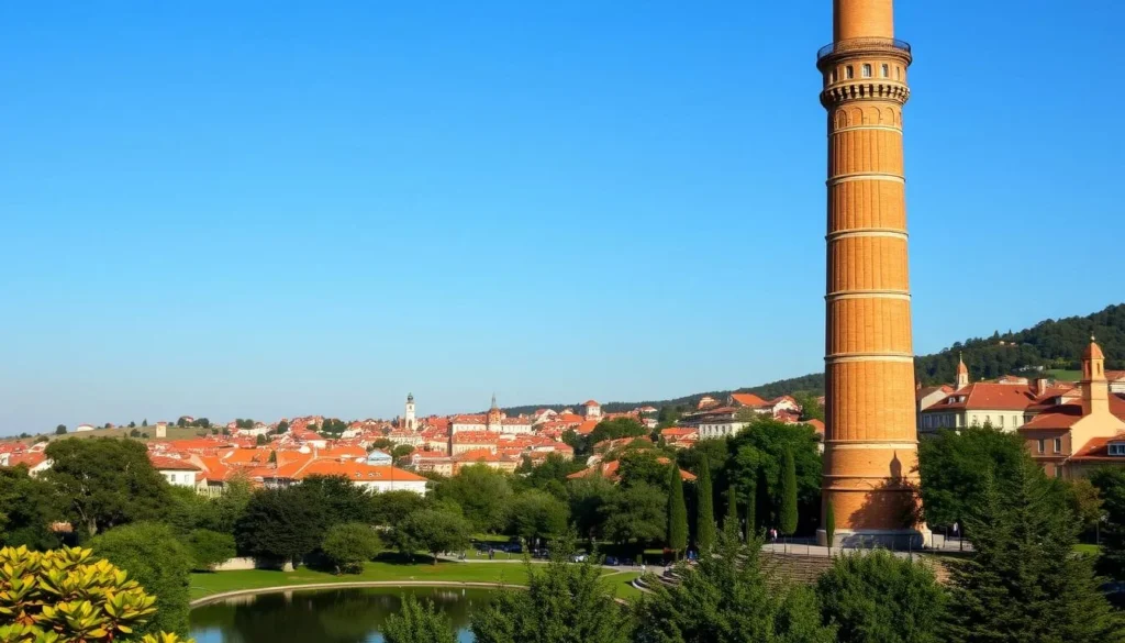 A towering, historic minaret standing tall against a clear, azure sky. The sun's warm rays illuminate the intricate, ochre-hued brickwork, casting soft shadows that accentuate its elegant, slender form. In the foreground, a lush, verdant park invites visitors to stroll and admire the commanding structure, its graceful silhouette mirrored in a tranquil pond below. In the background, the charming, red-tiled roofs of Eger's old town buildings nestle amongst the rolling hills, creating a picturesque, quintessentially Hungarian scene. Capture the majesty and tranquility of this iconic landmark, inviting the viewer to ascend its spiral staircase and gaze out over the captivating city vistas.