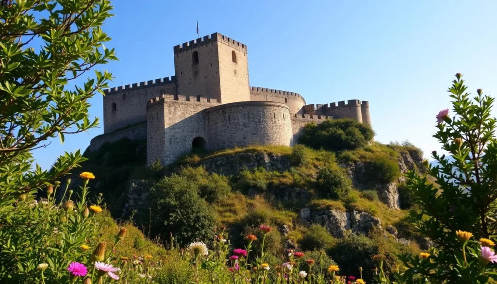 A towering medieval fortress perched atop a rugged, sun-dappled hill, the Krakra Fortress commands sweeping views of the surrounding Bulgarian countryside. Its imposing stone walls and sturdy towers project an air of enduring strength, while its intricate architectural details, like ornate arched gateways and arrow-slit windows, hint at a storied past. In the foreground, lush greenery and vibrant wildflowers frame the ancient structure, creating a picturesque tableau. The warm, golden light of a pleasant day bathes the scene, lending it a sense of timeless beauty and tranquility. This breathtaking historical landmark stands as a testament to Pernik's rich cultural heritage and the enduring spirit of the Bulgarian people.