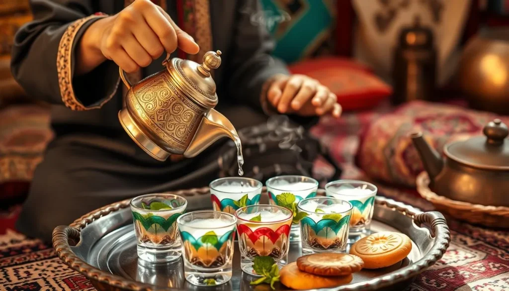 A traditional Berber tea ceremony with mint tea being poured from height into small glasses A traditional Berber tea ceremony with mint tea being poured from height into small glasses