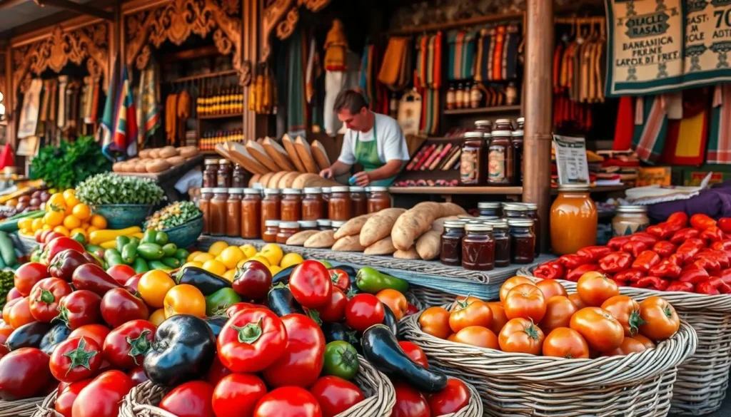 A traditional Bulgarian market stall, filled with an abundance of colorful produce, fragrant spices, and handmade artisanal goods. In the foreground, a selection of ripe tomatoes, peppers, and eggplants sit in woven baskets, their rich hues reflecting the warm sunlight. In the middle ground, a vendor arranges freshly baked loaves of crusty bread and jars of local honey and preserves. Behind them, a backdrop of ornate carved wooden stalls and vibrant textiles creates a sense of timeless tradition. The scene is bathed in a soft, golden glow, capturing the inviting atmosphere of an authentic Bulgarian marketplace on a pleasant summer day.