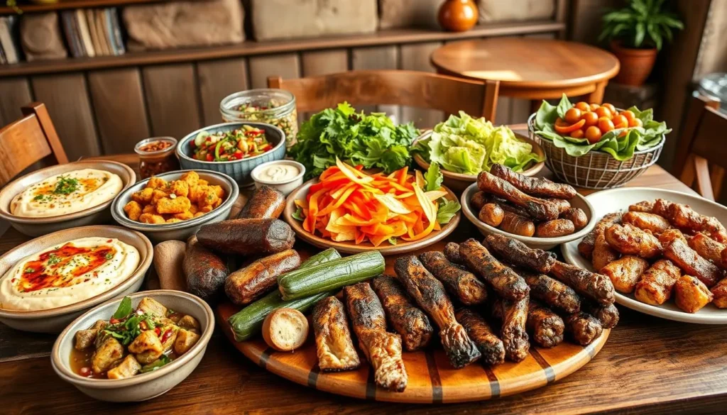 A traditional Lebanese mezze spread with various dishes including hummus, tabbouleh, and grilled meats