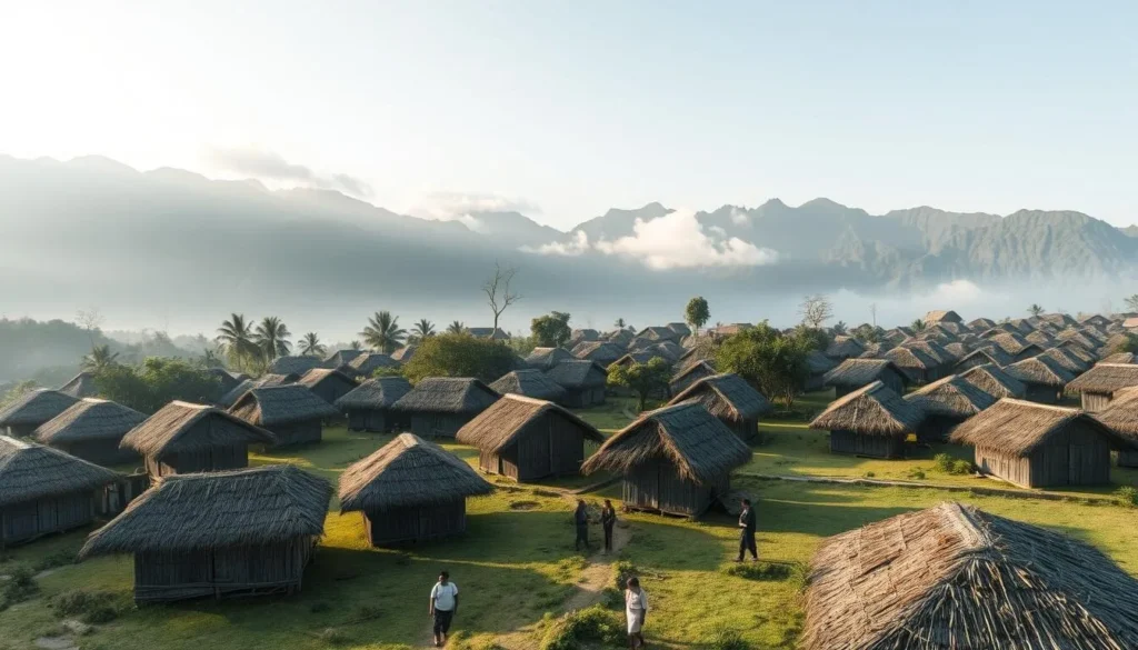 A traditional Lio village near Kelimutu with thatched roof houses and mountains in the background