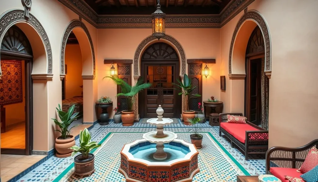 A traditional Moroccan riad courtyard with fountain and decorative tiles in Khemisset