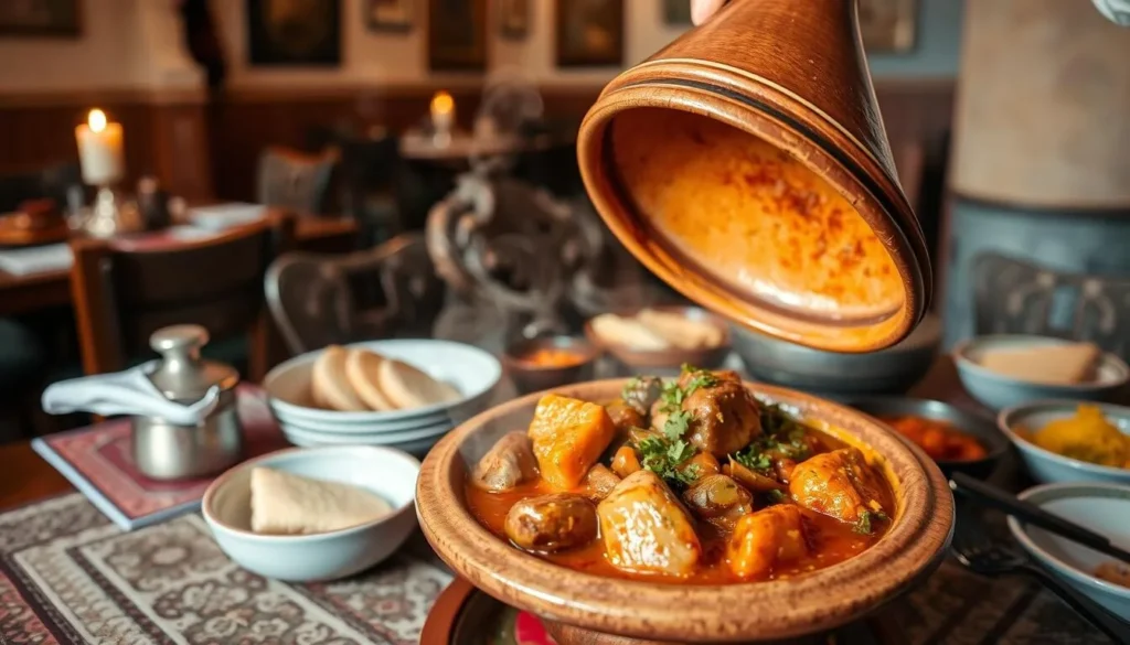 A traditional Moroccan tagine dish being served in a local restaurant in Khemisset