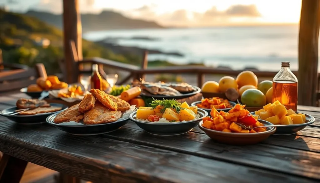 A traditional Norfolk Island fish fry dinner with fresh seafood and local side dishes