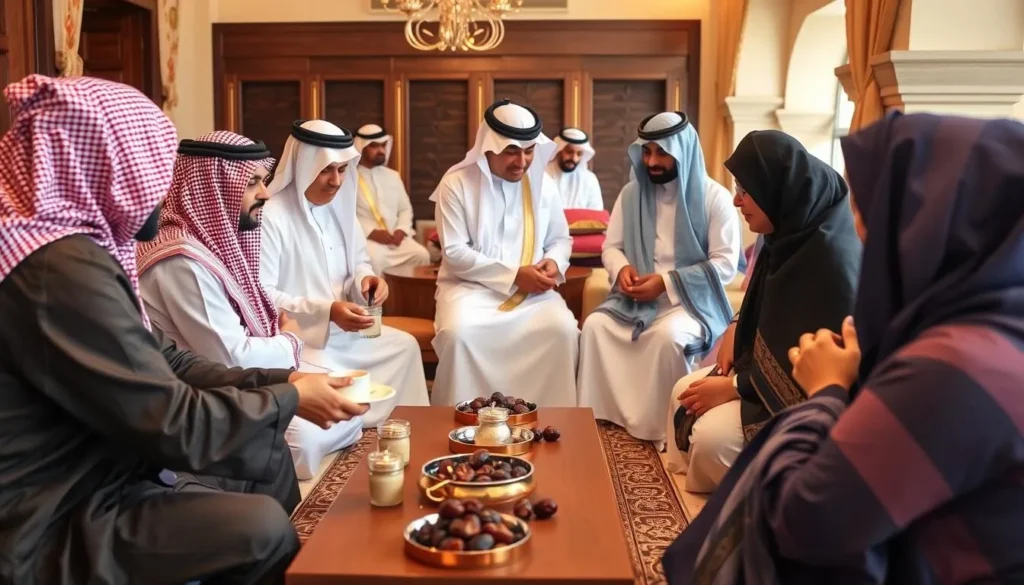 A traditional Qatari welcome ceremony with coffee and dates being served to visitors