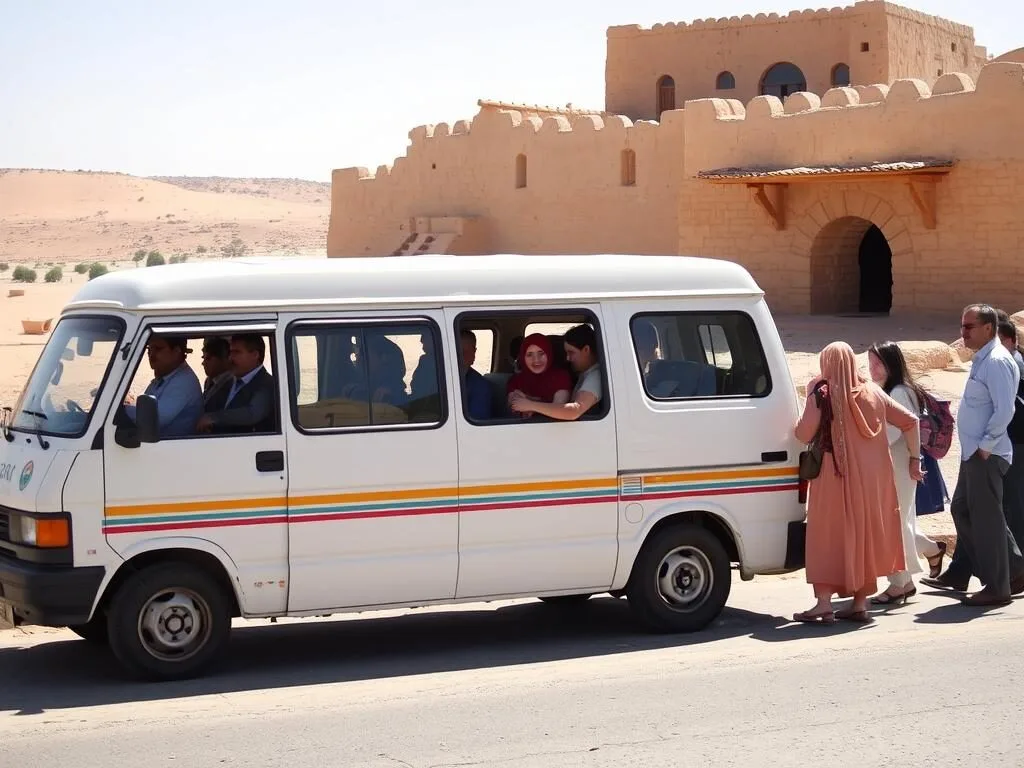 A traditional Tunisian louage (shared taxi) parked near a ksar in Tataouine with passengers boarding A traditional Tunisian louage (shared taxi) parked near a ksar in Tataouine with passengers boarding