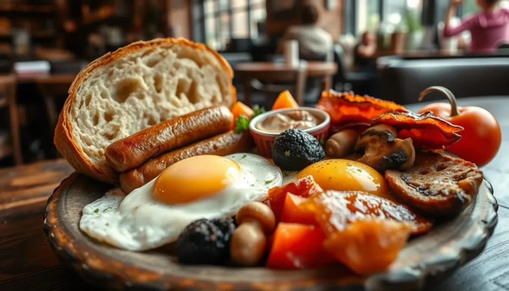 A traditional Ulster Fry breakfast served in a Belfast cafe with soda bread, potato bread, sausages, bacon, eggs, and black pudding