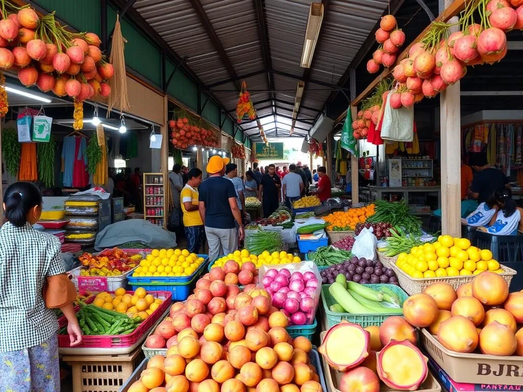 A traditional market in Binjai, Indonesia, showing local vendors selling fresh produce and goods