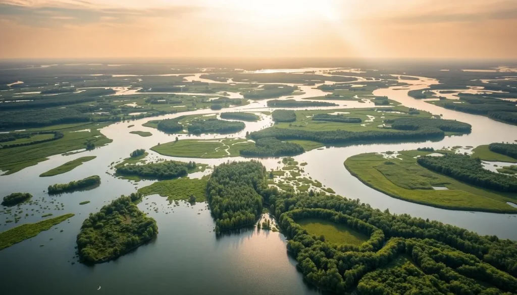 A tranquil aerial view of the Danube Delta, a lush wetland oasis in Romania. Capture the intricate network of waterways winding through verdant marshes and reed beds, dotted with floating islands and dense forests. Showcase the diverse wildlife, from the graceful flight of birds to the gentle ripples of the river. Bathe the scene in warm, golden sunlight filtered through wispy clouds, creating a serene and enchanting atmosphere. Utilize a wide-angle lens to convey the vast scale and breathtaking beauty of this UNESCO World Heritage site, a true natural wonder that belongs on every traveler's bucket list.