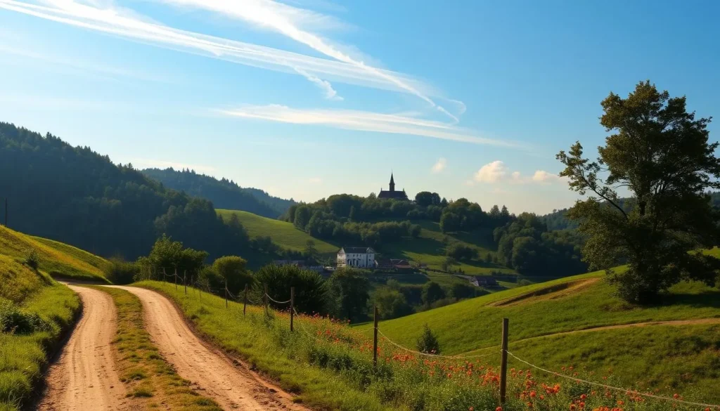 A tranquil countryside scene on a sunny day. A winding dirt road leads through rolling hills, dotted with lush greenery and vibrant wildflowers. In the distance, a small village nestled among the trees, its quaint buildings and church steeple bathed in warm, golden light. Wispy clouds drift across a bright blue sky, casting gentle shadows over the pastoral landscape. The overall mood is one of peaceful serenity, inviting the viewer to embark on a leisurely day trip through the picturesque Bulgarian countryside.