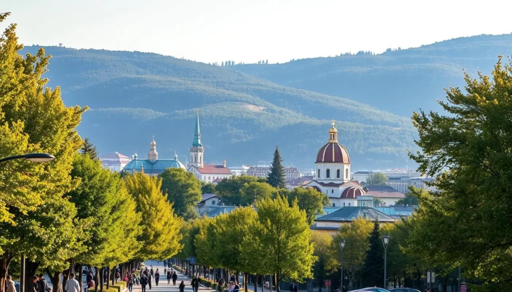 A tranquil day in Sofia, Bulgaria's vibrant capital city. The scene depicts a picturesque urban landscape bathed in soft, golden sunlight. In the foreground, a lush, tree-lined boulevard with people strolling and enjoying the pleasant weather. The middle ground showcases the iconic domes and spires of historic churches, their brilliant colors reflecting the clear, azure sky. In the background, the verdant hills surrounding the city provide a serene, natural backdrop. The overall mood is one of peaceful, relaxed ambiance, capturing the essence of Sofia during the prime travel months of May, June, and September.